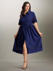 Flouryn Vestito camicia corto trasparente con collo e maniche corte, per donne taglie forti - Blu Navy - Visualizzare 3