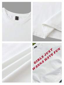 SHEIN EZwear Áo thun bó sát cổ tròn tay ngắn in khẩu hiệu "Girls Just Wanna Have Fun" thiết kế đơn giản & giản dị, phù hợp cho lễ hội âm nhạc, kỳ nghỉ xuân - trắng - Xem 4
