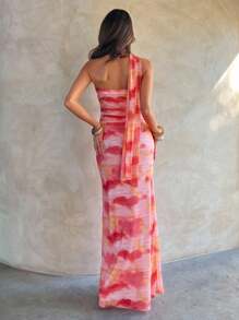 Aloruh Women's Romantic Vacation And Elegant Scarf  Neck Tied Dyed Mesh Print Maxi Dress,Honeymoon Outfits Woman Women Wedding Guest Dress Island Vacation Outfits,Summer Dresses For Women,Women Night Out Dress,Island Vacation Outfits,Fall Wedding Guest Dress - Multicolor - View 6