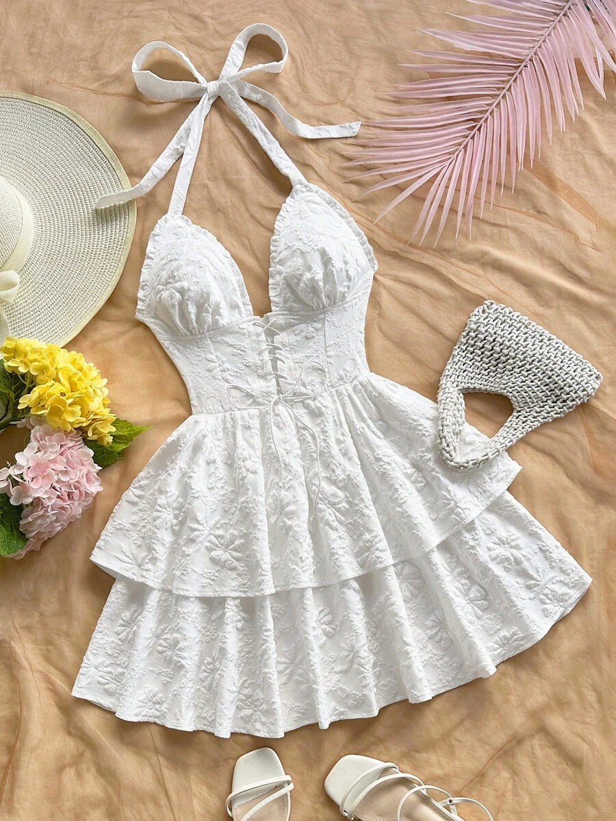 Soleia 女式花卉提花荷叶边下摆挂脖迷你连衣裙，夏季 - 白色 - 查看 1