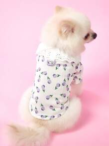 PETSIN Light Gray-Purple Cute Tulip Print Hollow Out Ruffle Design Breathable Lightweight Casual Shirt, Suitable For Outings & Pet Leash, Spring/Summer - Dusty Purple - View 2