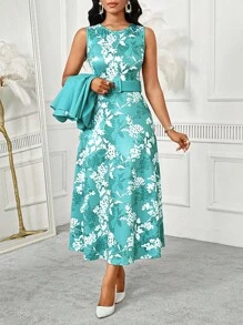 SHEIN Lady Completo da donna con vestito midi con stampa astratta a onde, semplice, collo rotondo, con cintura, adatto per occasioni come uscite, feste, compleanni, eventi, ufficio, chiesa, matrimoni, vacanze. Vestiti casual e formali per donna, adatti per cerimonie, ufficio, lavoro, matrimoni, vacanze.
