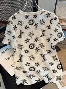 INAWLY Women's Top, Round Neck, Short Sleeve, Geometric Pattern Print Fashion 2025 New Women's T-Shirt Spring/Summer Style