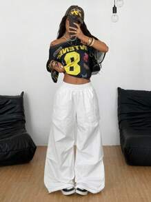 Coolane Women's Casual White Woven Loose Elastic Waist Wide Leg Pants, Simple And Minimalist - White - View 6