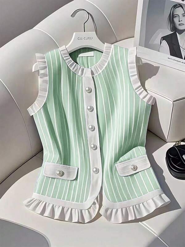 GlowEve Women's Elegant Striped Ruffle Hem Sleeveless Blouse, Summer