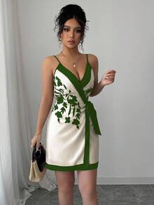 Elenzga 性感优雅裹身式V领印花女式迷你连衣裙 - 綠色 - 查看 6