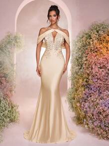 Glamrae Elegante y lujoso vestido de sirena de punto de elastano con destellos de rhinestone, apropiado para bodas, fiestas, vacaciones, bailes de graduación y eventos de noche (con adornos pesados)