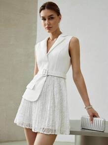 MOTF PREMIUM ĐẦM BLAZER NGẮN CỔ CỔ ĐIỂN CÓ KHÓA THẮT LƯNG REN XẾP NẾP 2 TRONG 1 - trắng - Xem 1