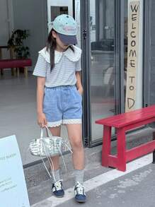 SHEIN Girl(Plus Size)Peter Pan Collar Blue Striped Polka Dot Blouse,Comfortable Denim Shorts T-Shirt Set,Black And White,Summer,Cute,School,Back-To-School - Blue - View 6