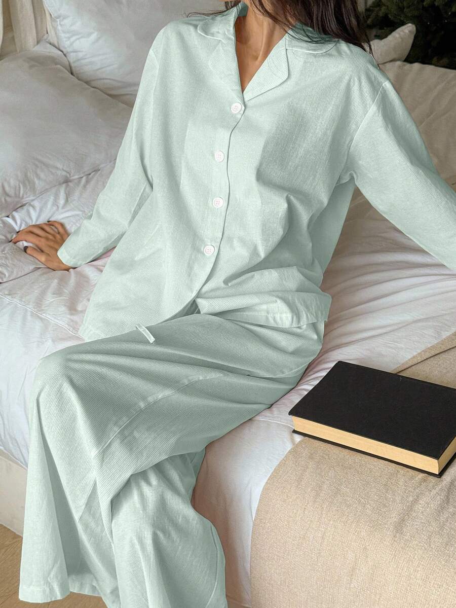 DAZY Conjunto de pijama suelto de unicolor cómodo para mujer, ropa de otoño e invierno - Verde - Ver 1