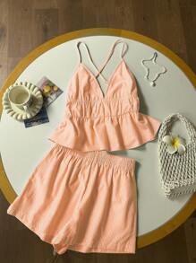 Comfortcana 女士休闲条纹吊带背心和短裤套装，夏季 - 橘色 - 查看 6