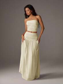 TRNVIE 2pcs Set Women Romantic Pink Mesh Bandeau Top And High Waist Pleated Mesh Maxi Skirt, Vacation Outfit Spring/Summer