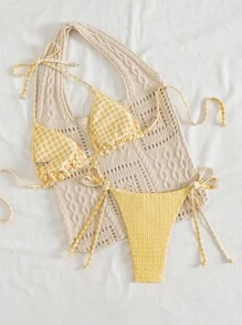 Swim Mod Bộ bikini tam giác màu vàng cổ yếm 2 lớp vải ngọt ngào dành cho nữ, có dây buộc eo bên hông, quần ngắn gợi cảm, mùa hè - Màu vàng - Xem 6