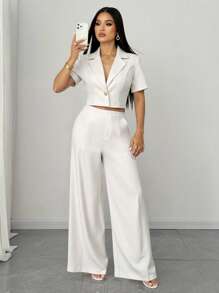 Elenzga Set de 2 piezas Blazer y pantalón ancho de pierna ancha de negocio casual elegante para mujer de talla grande