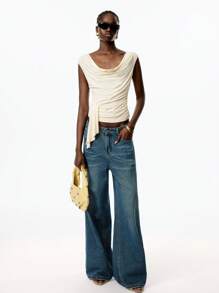 LYSMO 2025 New Arrival Light Yellow Women's Backless Tie Back Ruched Center Drape Neck Solid Color Waist-Fitted Cropped Top, Youthful And Casual, Perfect For Fresh Outfits