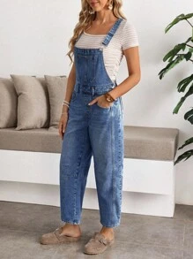 EMERY ROSE 女式口袋喇叭形宽松牛仔背带裤连体裤，夏季女式牛仔背带裤女式牛仔背带裤女式牛仔连体裤女式牛仔连体裤女式背带裤 - 藍色 - 查看 6