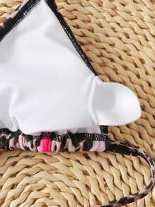 SHEIN Bộ bikini hở lưng họa tiết hoa báo cho bé gái tuổi teen, trang phục đi biển thường ngày - Cà phê nâu - Xem 4