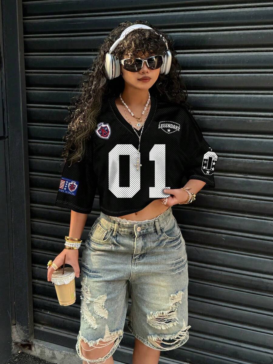 SHEIN EZwear Women's Casual V-Neck Loose Short 5th Sleeve Mesh T-Shirt, Suitable For Summer And Sports, Digital 01 Print Back To School Chic