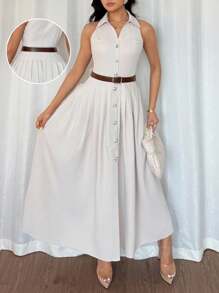 Rafferiza 女式束腰 V 领无袖开衩纽扣衬衫裙 - 卡其色 - 查看 3