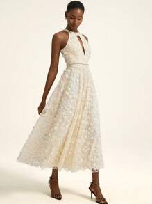 Aveloria Rosie Romantic Elegant Minimalist Sophisticated French Woman Luxury Occasion High-End Design Exquisite Beaded Embroidery Fabric Halter Sexy Hollow-Out Waist-Defining Flowy Maxi Dress, Sleeveless, For Women