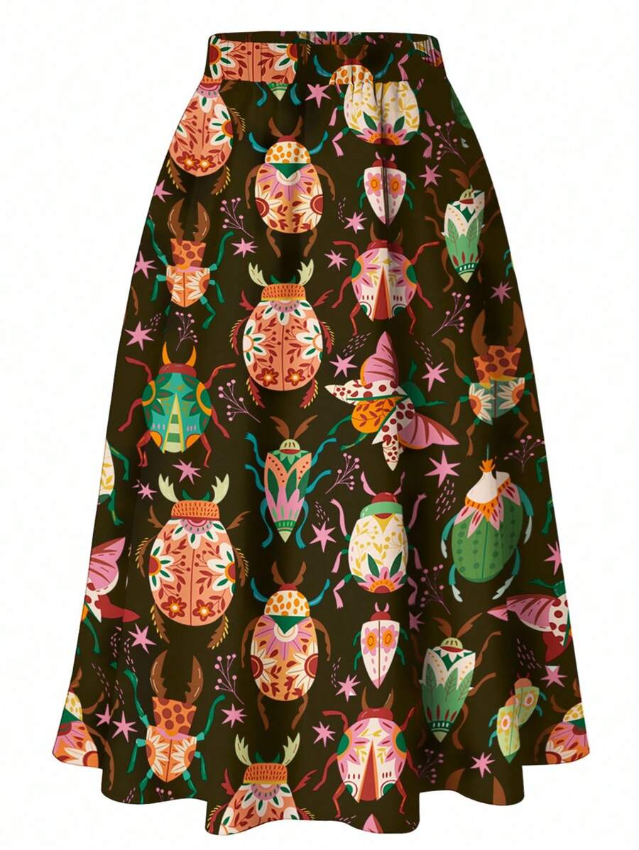SHEIN Clasi Plus Size Cute Beetles Print Elastic High Waist Midi Skirt,Comfortable And Casual A-Line Skirt,Women Skirt - Multicolor - View 1