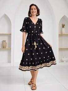 Miaspire Spring/Summer Casual Retro Print Mid-Length Dress For Women - Black - View 3