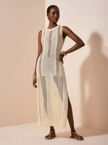 Zivah 新款时尚性感纯色镂空无袖中长款女士海滩度假连衣裙 - 杏色 - 查看 6