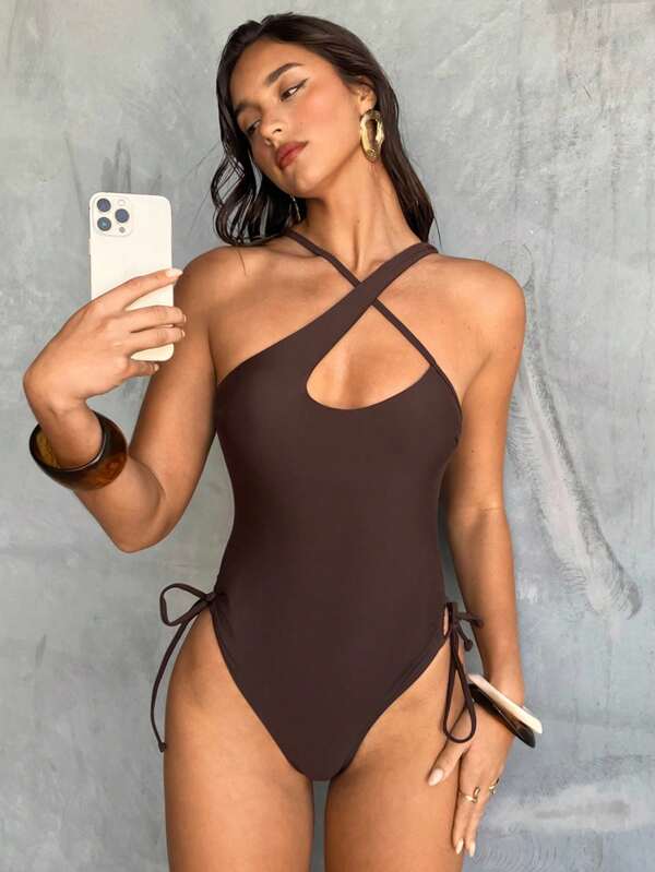 Aloruh Traje de baño de una pieza para mujer, elegante y sexy, de unicolor con cruzado, abertura lateral y abertura alta, atuendo para vacaciones en la playa, trajes de baño para mujer, trajes de baño, traje de baño, trajes de baño, trajes de baño, trajes de baño para mujer, traje de baño, traje de baño de una pieza, 1 pieza, traje de baño de una pieza