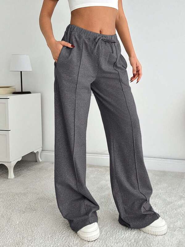 SHEIN PETITE Pantaloni de trening drepți cu talie medie, culoare solidă, pentru femei