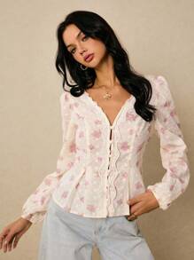Poéselle Women's Shirts Embroidered Shirts Button Placket Long Sleeve Shirts Boho Cute Shirts Women's Tops Elegant Floral Embroidered Woven Long Sleeve Blouse Floral Blouse Boho Blouse Lantern Sleeve Blouse Puff Sleeve Blouse Old Money Back To School Tea Party Tops Women Streetwear Women Summmer Pink Floral - Multicolor - View 5