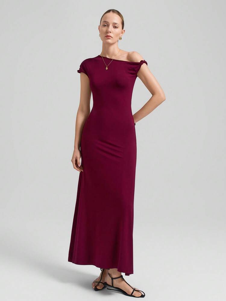 Elegant Design, Knitted Fabric, Modal Material, Asymmetric Shoulder, Twist Detail, Women's Long Dress, Spring/Summer Wear, Casual Outfit, 2025 New Arrival