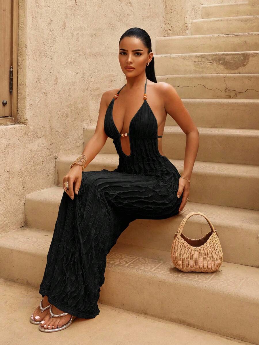 Sirith 女款夏季新款黄色性感深V领长包黄色流苏面料连衣裙，琥珀色串珠装饰设计，适合海滩度假 - 黑色 - 查看 1