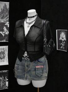 Sunspun Áo cánh tay ngắn ôm sát gợi cảm bán trong suốt màu đen - màu đen - Xem 2