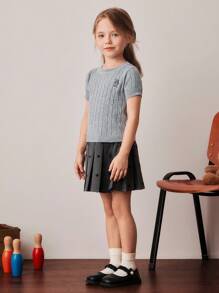 PrepCrw Young Girls' College Style Twist Flower Knitted Bear Graphic Short Sleeve Pullover Sweater
