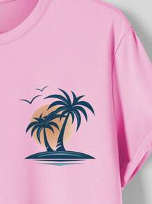 Manfinity RSRT 2pcs Men's Slim Fit Summer Palm Tree Print Short Sleeve T-Shirt - Pink - View 6