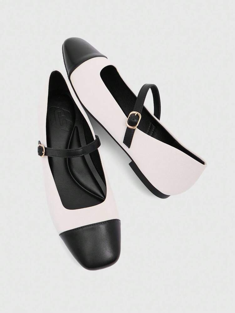 CUCCOO BIZCHIC Women Mary Jane Flats With Buckle, Black & White Contrast Color Square Toe Elegant Slip-On Shoes For Christmas Spring Shoes