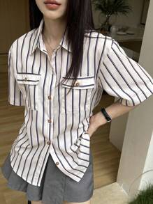 DAZY Women's Casual Loose Striped Shirt, Summer Preppy Tops - Beige - View 4