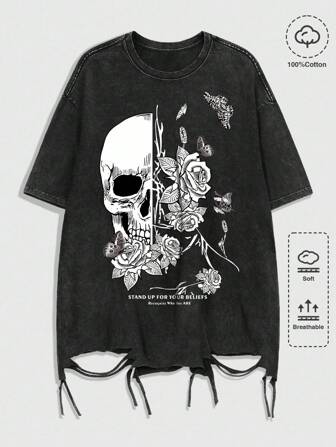 Goth T-shirt pour hommes à la mode avec imprimé de crâne et de fleurs avec trous déchirés, style années 2000, pour l'été