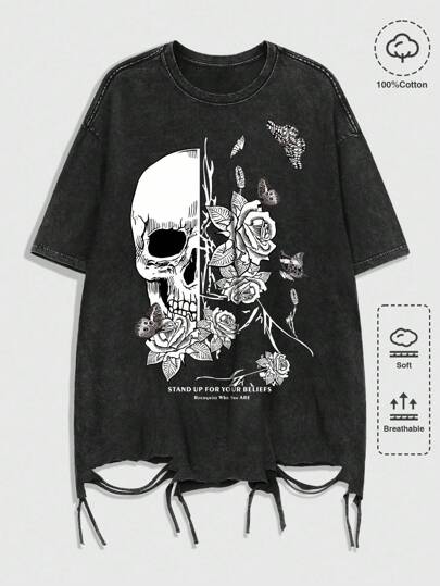 Goth Men's Fashionable Broken Hole Snowflake Skull & Flower Print T-Shirt, Summer, 2000s Style