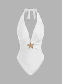 Swim Oasis 1 buah Baju Renang Terusan Elegan dan Romantis dengan Dekorasi Bintang Laut, Set Mewah, Liburan Musim Panas - Putih - View 3