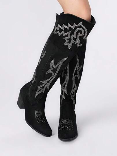 Fairycore Women's Black Cowboy Boots With Embroidery Detail, Western Style Over-The-Knee Boots, Spring/Autumn Fashion Outdoor Slip-On