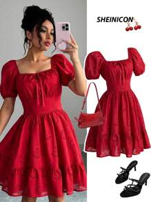 SHEIN Clasi Vestido mini elegante y dulce de estilo francés con cuello cuadrado, mangas abullonadas, volantes calados, tela similar al lino, cintura ajustada y silueta favorecedora, perfecto para vacaciones de verano de moda - Rojo - Ver 1