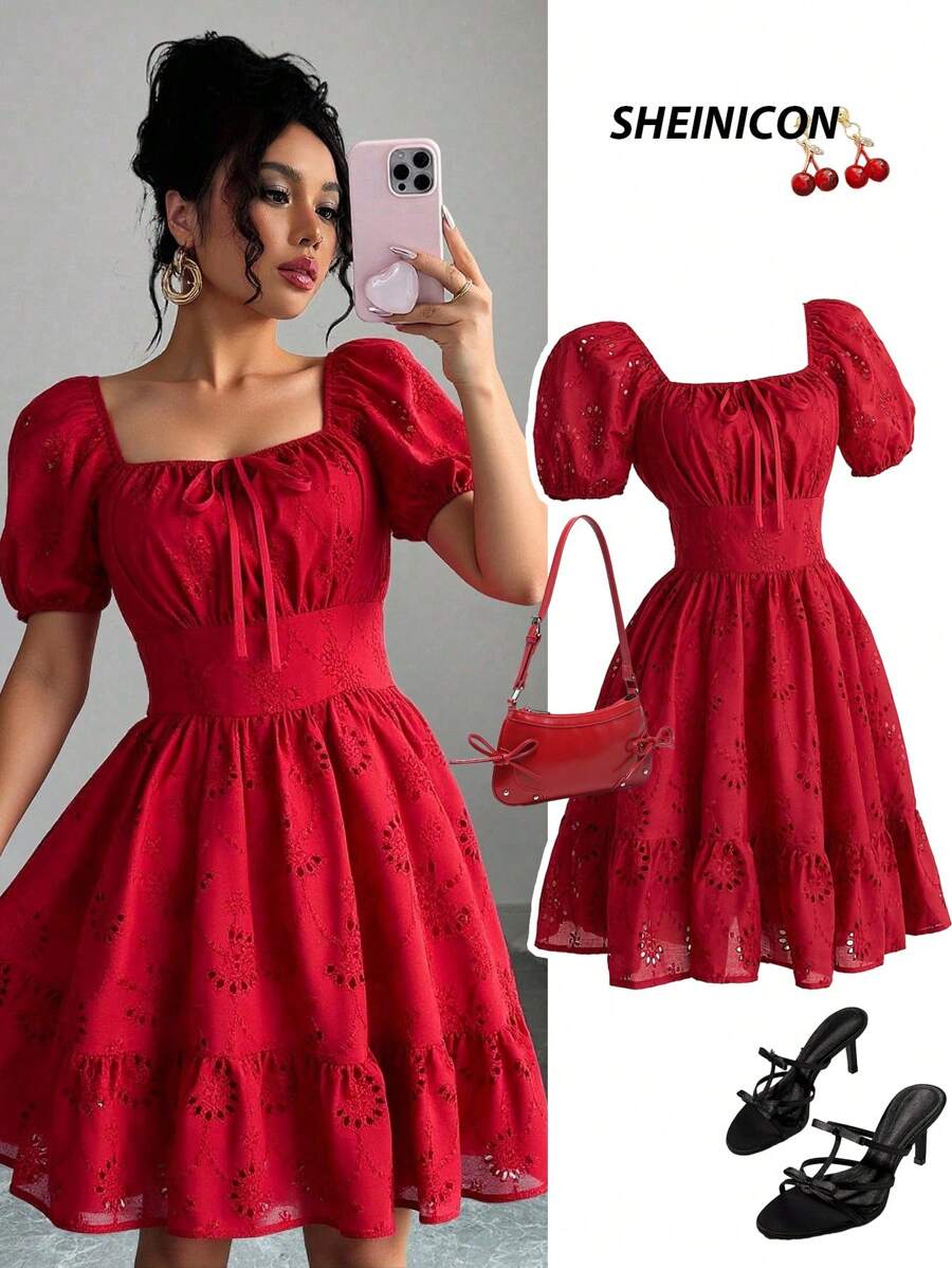 SHEIN Clasi Vestido mini elegante y dulce de estilo francés con cuello cuadrado, mangas abullonadas, volantes calados, tela similar al lino, cintura ajustada y silueta favorecedora, perfecto para vacaciones de verano de moda - Rojo - Ver 1