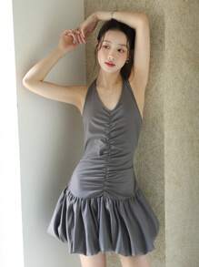 Casual Halter Pleated Hem Lantern Dress For Teenage Petite Girls, Korea & Japan Style, Fashionable - Grey - View 6