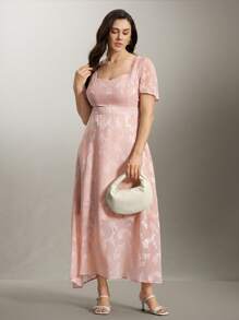 Flouryn فستان نسائي أنيق من قماش الجاكارد باللون الوردي ، مقاسات كبيرة ، للربيع/الصيف - وردي - مشاهدة 4