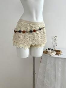 SHEIN Unity Sexy Summer Lace Patchwork Slim Fitted Casual Shorts - Apricot - View 1