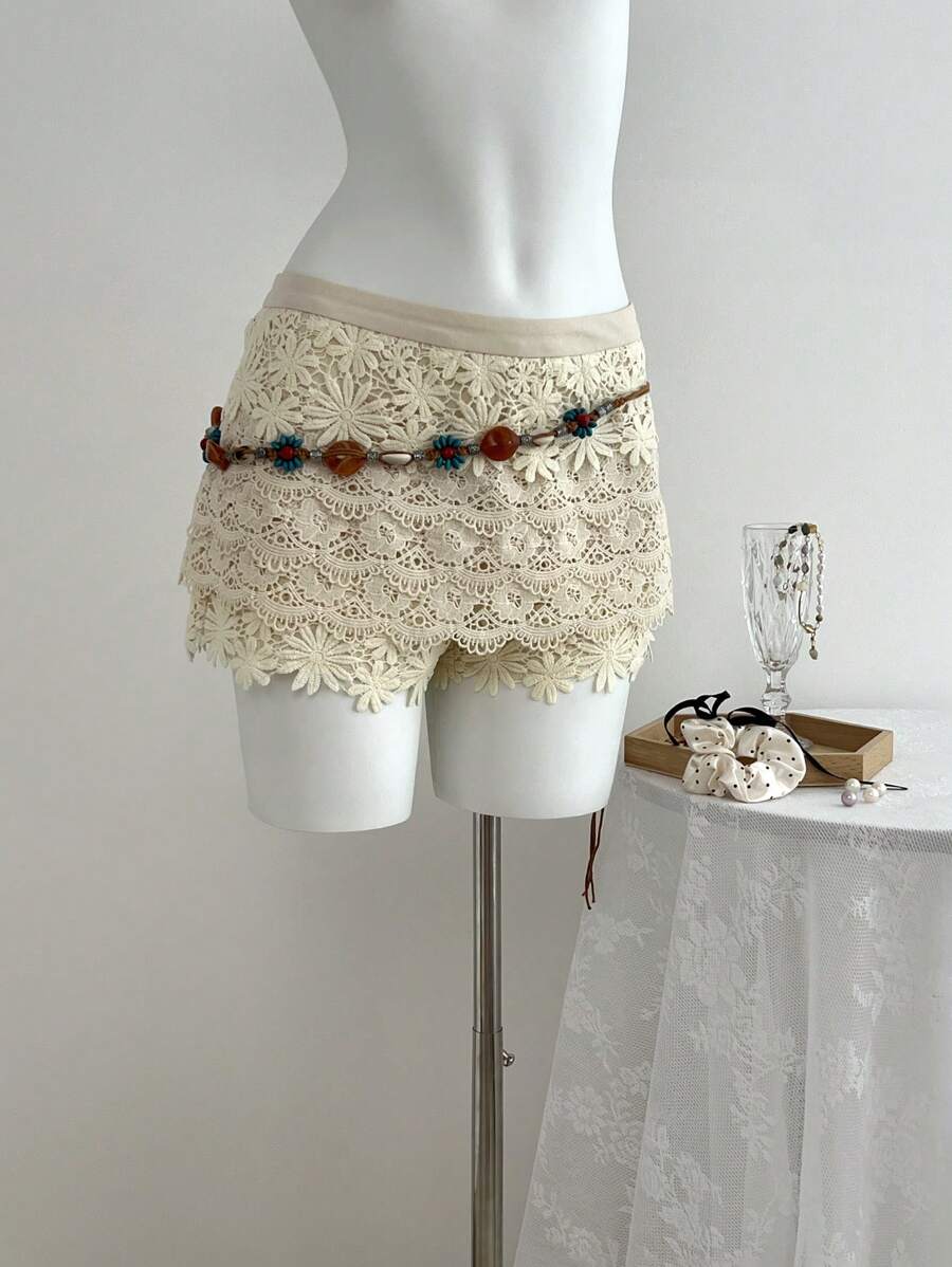 SHEIN Unity Sexy Summer Lace Patchwork Slim Fitted Casual Shorts - Apricot - View 1