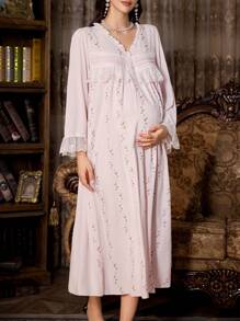 PalaceNights Váy ngủ bà bầu tay dài quá khổ cổ chữ V thêu hoa văn chắp vá dày, có vạt nửa, dành cho mùa thu, mùa đông - Hồng - Xem 3