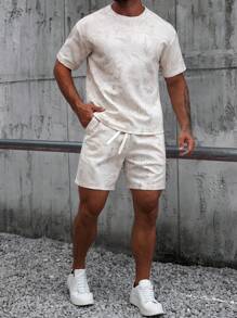 Manfinity CasualCool 2 件套男士夏季休闲全身印花圆领短袖 T 恤和短裤两件套，套装，秋季服装羊毛，舒适服装 - 白色 - 查看 5
