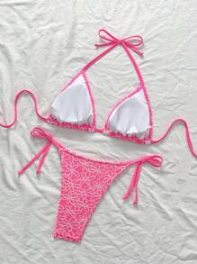 Swim Mod Bộ đồ bơi bikini hai mảnh họa tiết hoa buộc dây gợi cảm cho nữ, bãi biển mùa hè - Hồng - Xem 2